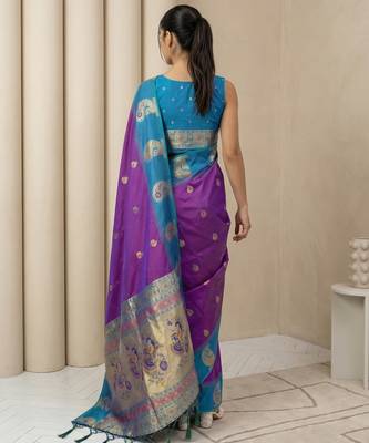 Purple gold paisley zari motifs rich silk blend fabric elegant festive & wedding wear contrast border 2