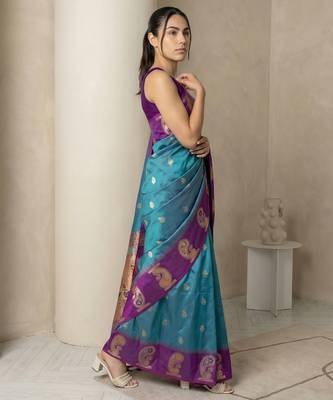 Teal gold paisley zari motifs rich silk blend fabric elegant festive & wedding wear contrast border 3
