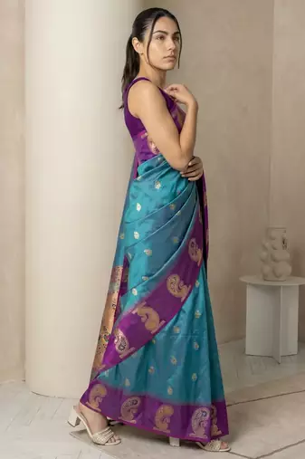 Teal gold paisley zari motifs rich silk blend fabric elegant festive & wedding wear contrast border