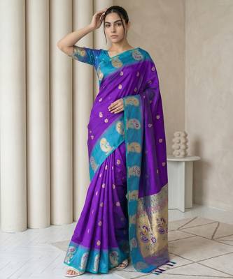 Blue gold paisley zari motifs rich silk blend fabric elegant festive & wedding wear contrast border 4