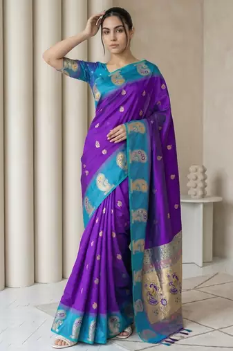 Blue gold paisley zari motifs rich silk blend fabric elegant festive & wedding wear contrast border