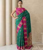 Green gold paisley zari motifs rich silk blend fabric elegant festive & wedding wear contrast border