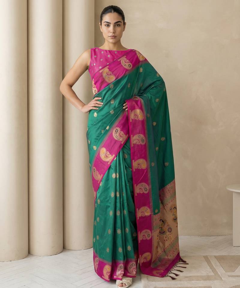 Green gold paisley zari motifs rich silk blend fabric elegant festive & wedding wear contrast border