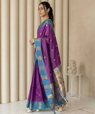 Purple gold paisley zari motifs rich silk blend fabric elegant festive & wedding wear contrast border 3
