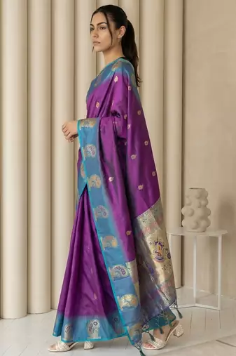 Purple gold paisley zari motifs rich silk blend fabric elegant festive & wedding wear contrast border
