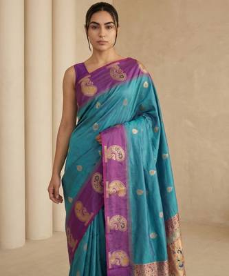Teal gold paisley zari motifs rich silk blend fabric elegant festive & wedding wear contrast border 4