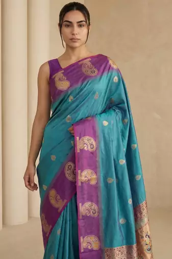 Teal gold paisley zari motifs rich silk blend fabric elegant festive & wedding wear contrast border