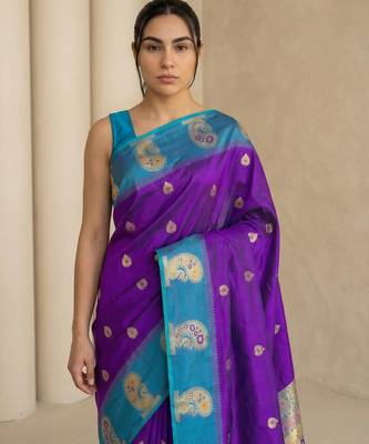 Blue gold paisley zari motifs rich silk blend fabric elegant festive & wedding wear contrast border 5