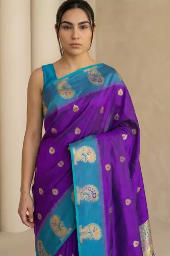 Blue gold paisley zari motifs rich silk blend fabric elegant festive & wedding wear contrast border