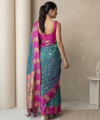 Green gold paisley zari motifs rich silk blend fabric elegant festive & wedding wear contrast border 2