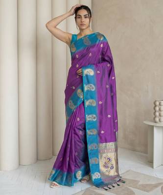 Purple gold paisley zari motifs rich silk blend fabric elegant festive & wedding wear contrast border 4