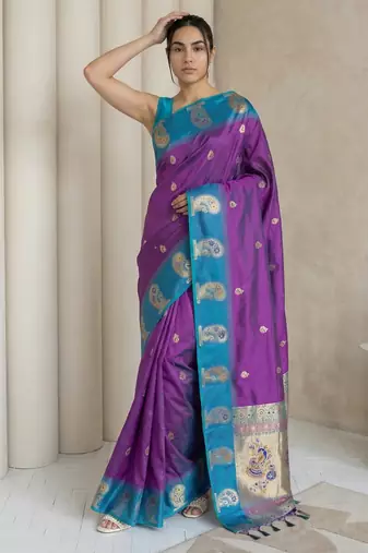 Purple gold paisley zari motifs rich silk blend fabric elegant festive & wedding wear contrast border