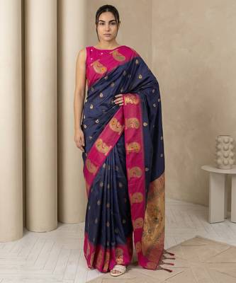 Navy blue gold paisley zari motifs rich silk blend fabric elegant festive & wedding wear contrast border 1