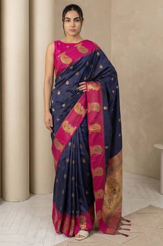 Navy blue gold paisley zari motifs rich silk blend fabric elegant festive & wedding wear contrast border