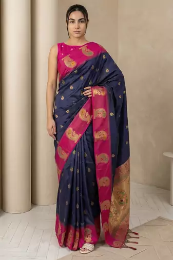 Navy blue gold paisley zari motifs rich silk blend fabric elegant festive & wedding wear contrast border