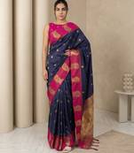Navy blue gold paisley zari motifs rich silk blend fabric elegant festive & wedding wear contrast border