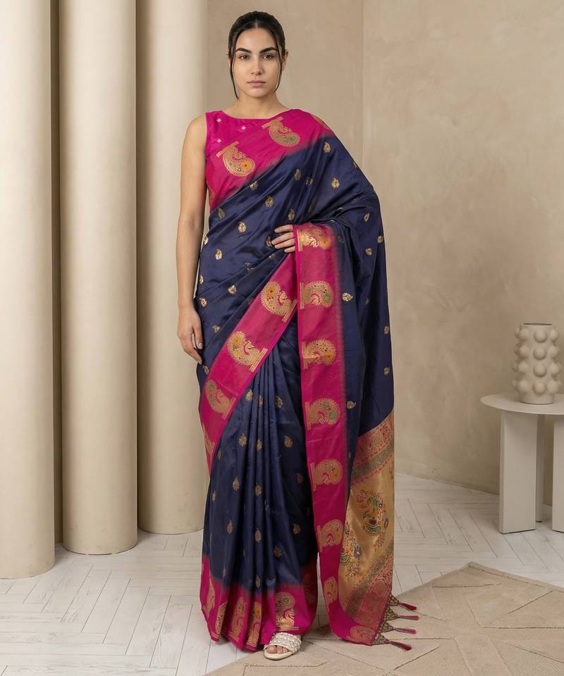 Navy blue gold paisley zari motifs rich silk blend fabric elegant festive & wedding wear contrast border