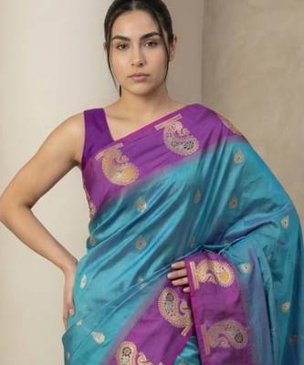 Teal gold paisley zari motifs rich silk blend fabric elegant festive & wedding wear contrast border 5