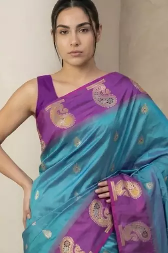 Teal gold paisley zari motifs rich silk blend fabric elegant festive & wedding wear contrast border
