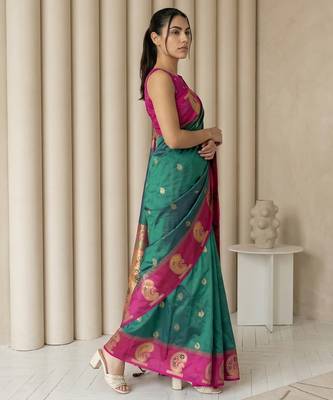 Green gold paisley zari motifs rich silk blend fabric elegant festive & wedding wear contrast border 3