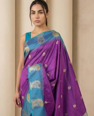 Purple gold paisley zari motifs rich silk blend fabric elegant festive & wedding wear contrast border 5
