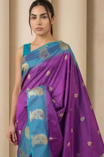 Purple gold paisley zari motifs rich silk blend fabric elegant festive & wedding wear contrast border