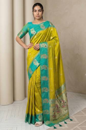 Light lime gold paisley zari motifs rich silk blend fabric elegant festive & wedding wear contrast border