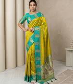 Light lime gold paisley zari motifs rich silk blend fabric elegant festive & wedding wear contrast border