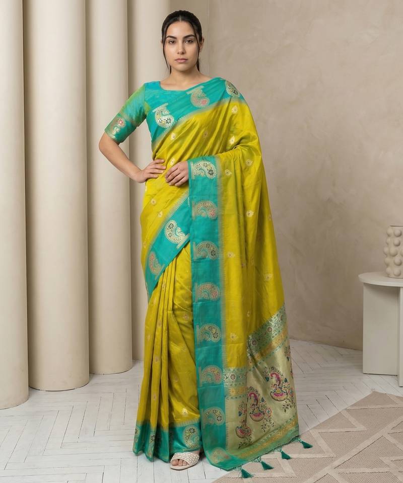 Light lime gold paisley zari motifs rich silk blend fabric elegant festive & wedding wear contrast border