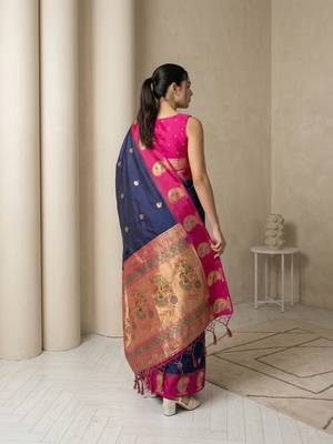 Navy blue gold paisley zari motifs rich silk blend fabric elegant festive & wedding wear contrast border 2