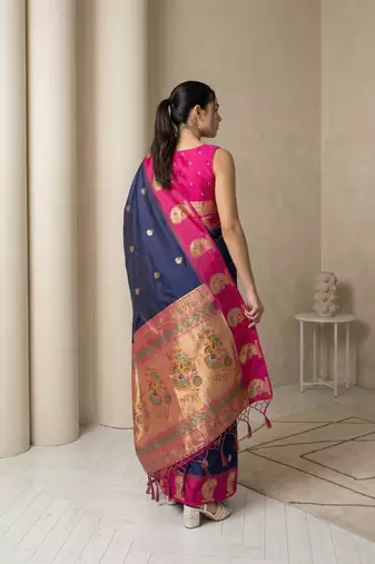 Navy blue gold paisley zari motifs rich silk blend fabric elegant festive & wedding wear contrast border