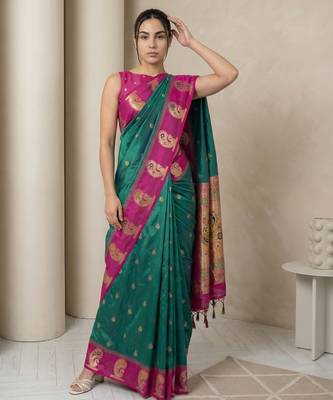 Green gold paisley zari motifs rich silk blend fabric elegant festive & wedding wear contrast border 4