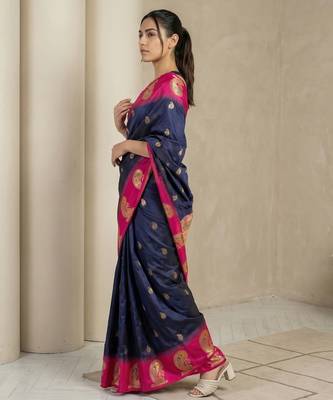Navy blue gold paisley zari motifs rich silk blend fabric elegant festive & wedding wear contrast border 3