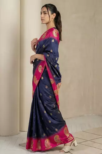 Navy blue gold paisley zari motifs rich silk blend fabric elegant festive & wedding wear contrast border