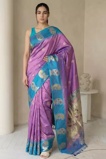 Lavender gold paisley zari motifs rich silk blend fabric elegant festive & wedding wear contrast border