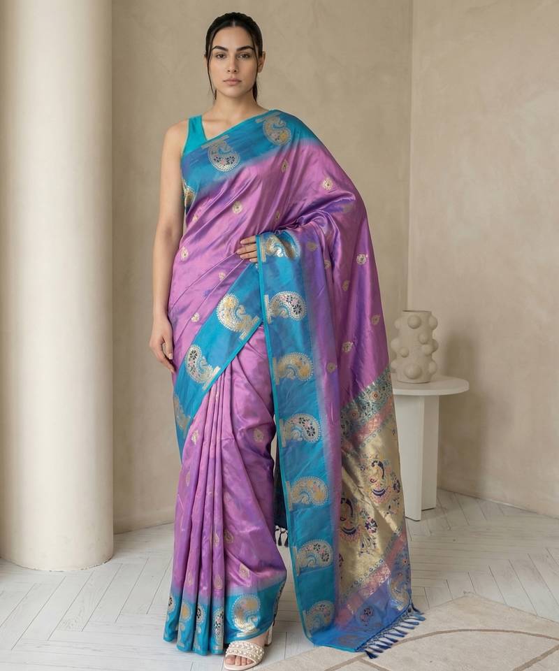 Lavender gold paisley zari motifs rich silk blend fabric elegant festive & wedding wear contrast border