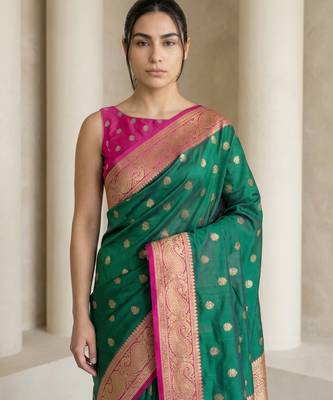 Green gold paisley zari motifs rich silk blend fabric elegant festive & wedding wear contrast border 5