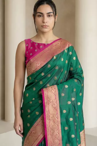 Green gold paisley zari motifs rich silk blend fabric elegant festive & wedding wear contrast border