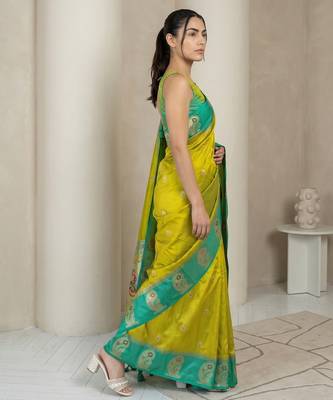 Light lime gold paisley zari motifs rich silk blend fabric elegant festive & wedding wear contrast border 3