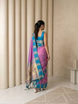 Lavender gold paisley zari motifs rich silk blend fabric elegant festive & wedding wear contrast border 2