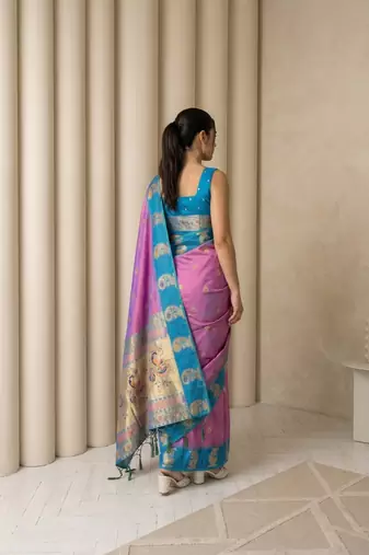 Lavender gold paisley zari motifs rich silk blend fabric elegant festive & wedding wear contrast border