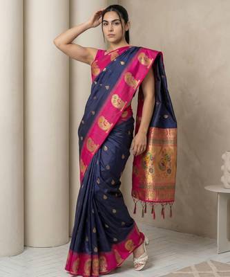 Navy blue gold paisley zari motifs rich silk blend fabric elegant festive & wedding wear contrast border 4