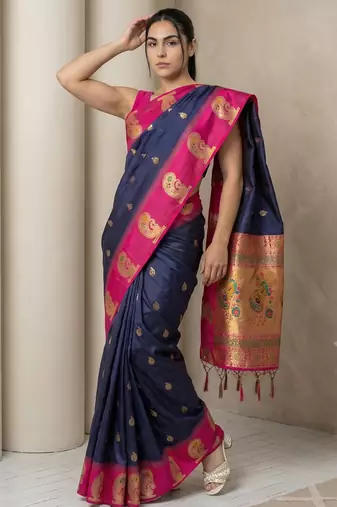 Navy blue gold paisley zari motifs rich silk blend fabric elegant festive & wedding wear contrast border
