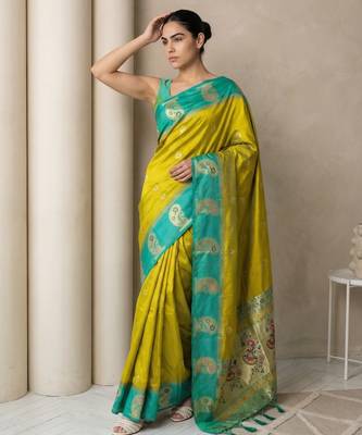 Light lime gold paisley zari motifs rich silk blend fabric elegant festive & wedding wear contrast border 4