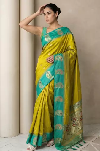 Light lime gold paisley zari motifs rich silk blend fabric elegant festive & wedding wear contrast border