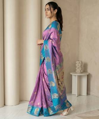 Lavender gold paisley zari motifs rich silk blend fabric elegant festive & wedding wear contrast border 3