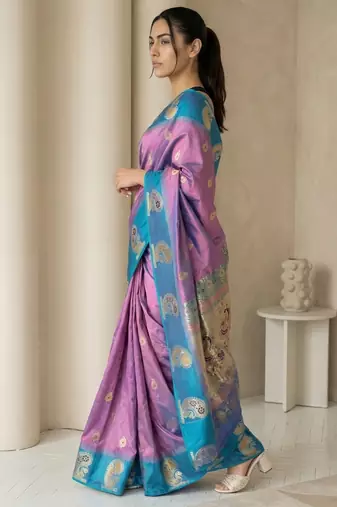 Lavender gold paisley zari motifs rich silk blend fabric elegant festive & wedding wear contrast border