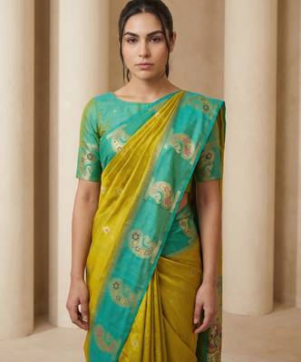 Light lime gold paisley zari motifs rich silk blend fabric elegant festive & wedding wear contrast border 5