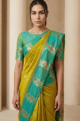 Light lime gold paisley zari motifs rich silk blend fabric elegant festive & wedding wear contrast border