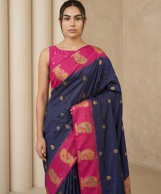 Navy blue gold paisley zari motifs rich silk blend fabric elegant festive & wedding wear contrast border 5